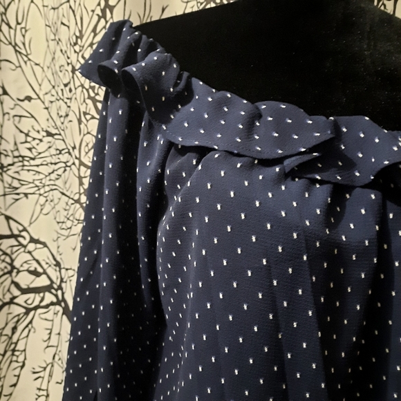 H.I.P. Polkadot Gypsy Off Shoulder Navy Blue Dress Shirt - Picture 2 of 7